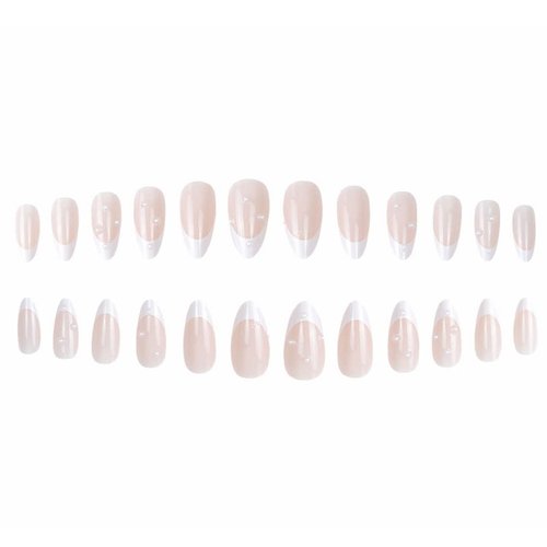 Foccna French Press on Nails Medium, Pearl White Fake Nails Almond Acrylic False Nails, Artificial Nails for Women and Girls 24 pcs