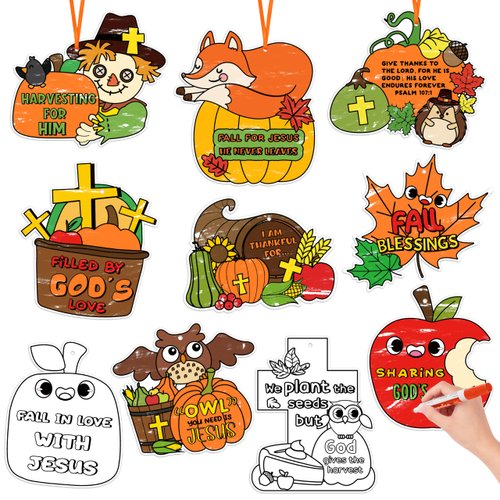 Color Your Own Fall Kit for Kids - 80Pcs Autumn Christian DIY Coloring Craft Kit Fall Cross Maple Leaves Pumpkin Ornament Cards for School Classroom Thanksgiving Harvest Party Activity Art Project
