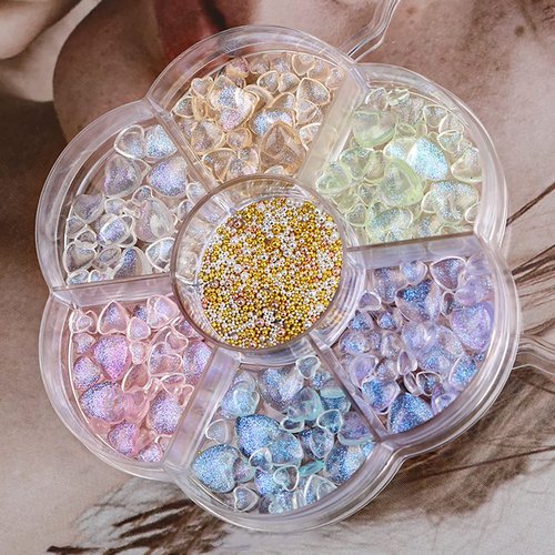 210 Pcs Clear Heart Nail Art Charms, 3D Mixed Size Love Hearts Rhinestones Flat Jelly Resin Crystal Jewelry Diamonds for Acrylic Nail Supplies, with Gold Caviar Beads Manicure Decoration Accessories