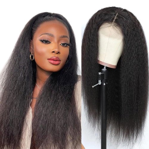 Selina Kinky Straight Wig 4x4 Closure Wigs Yaki Straight Wig Lace Closure Wig Brazilian Human Hair Wigs For Black Women 150% Density Wig Natural Hairline Glueless (8 Inch,Kinky Straight Wig)