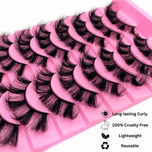 10 Pairs Fluffy Faux Mink Lashes Wispy Cat Eye False Eyelashes, Wispy Dramatic Lashes 20mm Long Lashes, Thick Volume Crossed Soft Curly Fake Lashes Lightweight Big Eye Lashes Pack(XZ09)