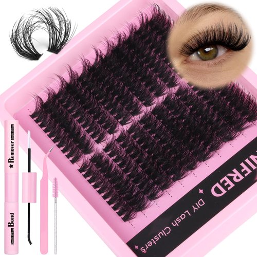 Cat Eye Lash Clusters Kit Fluffy Eyelash Clusters 80D Eyelash Extension Kit Wispy Lash Extension Kit D Curl Volume Clusters Lashes Fluffy Wispy Lash Kit with Lash Bond and Remover (220pcs)