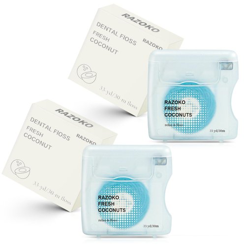 RAZOKO Coconut Oil Infused Woven Dental Floss, Vegan and Cruelty-Free, Coconut Scent, 4 Month Supply (33 Yds x 2 Units)