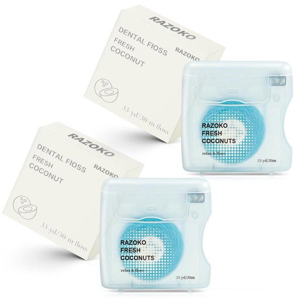 RAZOKO Coconut Oil Infused Woven Dental Floss, Vegan and Cruelty-Free, Coconut Scent, 4 Month Supply (33 Yds x 2 Units)