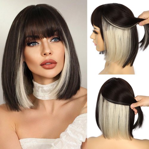 SAPPHIREWIGS Short Bob Wig with Bangs,Straight Bob Wigs for Women Brown Highlight Blonde Hair,Natural Looking Heat Resistant Synthetic Fiber for Girls 14inch
