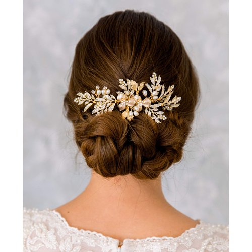 SWEETV Handmade Wedding Hair Comb Clip Rhinestone Bridal Hair Comb Piece, Gold Hair Accessories for Brides Wedding