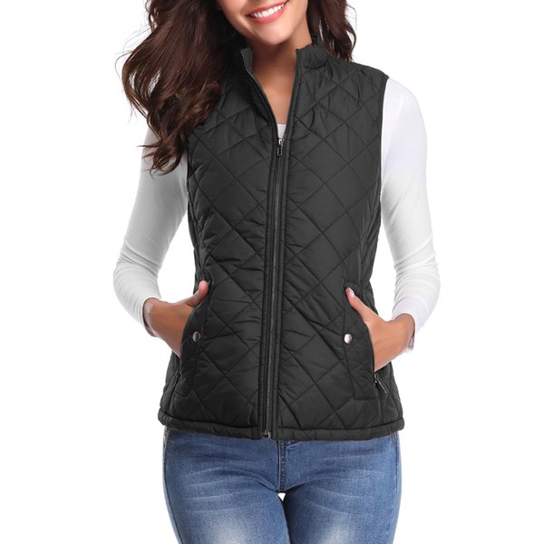 Fuinloth Women's Quilted Vest, Stand Collar Lightweight Zip Padded Gilet Black L