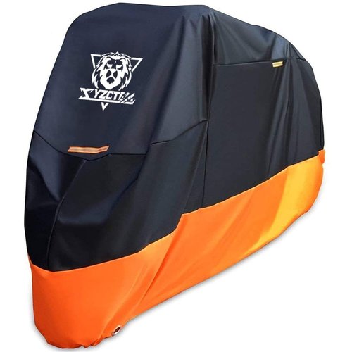 XYZCTEM Motorcycle Cover – All Season Waterproof Outdoor Protection – Precision Fit up to 108 Inch Tour Bikes, Choppers and Cruisers – Protect Against Dust, Debris, Rain and Weather(XXL,Black& Orange)