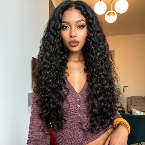 Getshow Long Black Wigs for Women Lace Front Wig Wavy Hair Middle Part