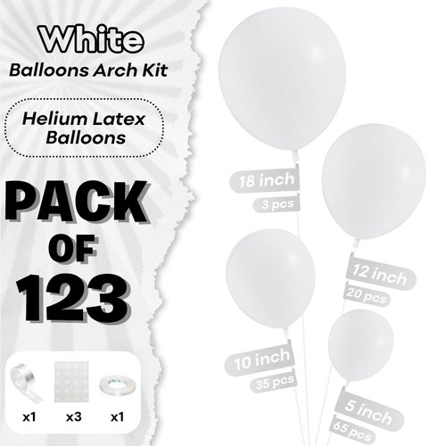White Balloons Different Sizes, 123 Packs Matte White Balloons, Pack of 18 12 10 5 Inch White Balloons Garland Arch Kit for Birthday Wedding Baby Shower Party Decorations
