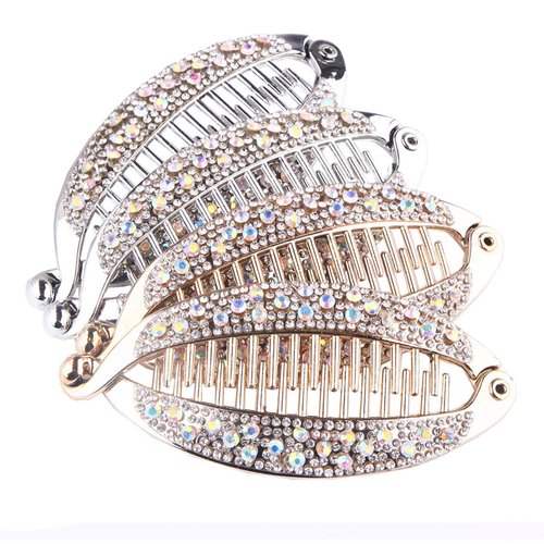 4Pcs Elegant Shining Rhinestone Crystal Banana Clip Hair Clincher Rounded Edges Hair Comb Fish Shape Grips Clamp Headwear for Women
