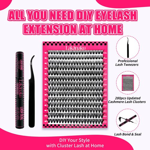 LAKANAKU DIY Lash Extension Kit,280 Pcs Cluster lash Extensions Kit, 30D 10-16mm Mix Wispy Lash Clusters,D Curl Lash Clusters Kit with Bond and Seal and Tweezer, Fluffty Lash at Home Lash Extension