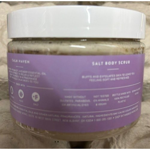 CALM HAVEN Lavender & Iris Salt Body Scrub 17 oz bath body tub