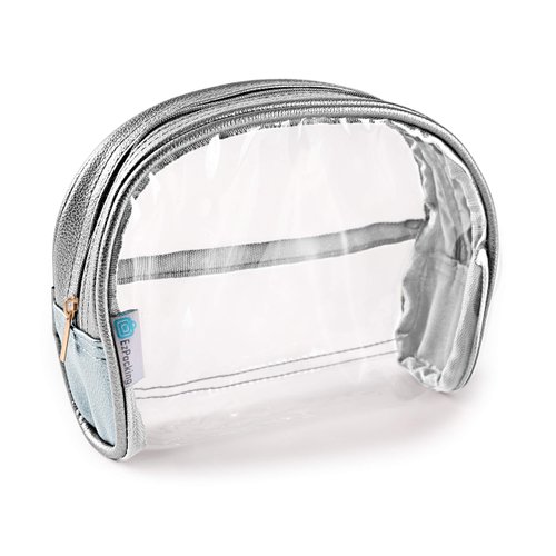 Half Moon Bag / Clear Cosmetic Pouch for Purse / Transparent TSA Compliant Clear Quart Bag for Travel / See-Through Clutch or Handbag for Makeup / Made From Vegan Leather, Vinyl PVC & Suede (Silver)