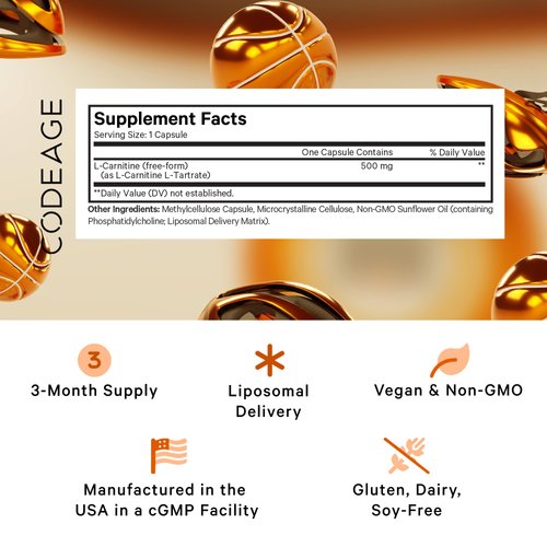 Codeage Liposomal L-Carnitine+ Supplement - 500 mg L-Carnitine L-Tartrate per Serving - Free-Form Amino Acid - Carnitine - Liposomal Delivery - Vegan, Non-GMO, Gluten-Free - 90 Capsules