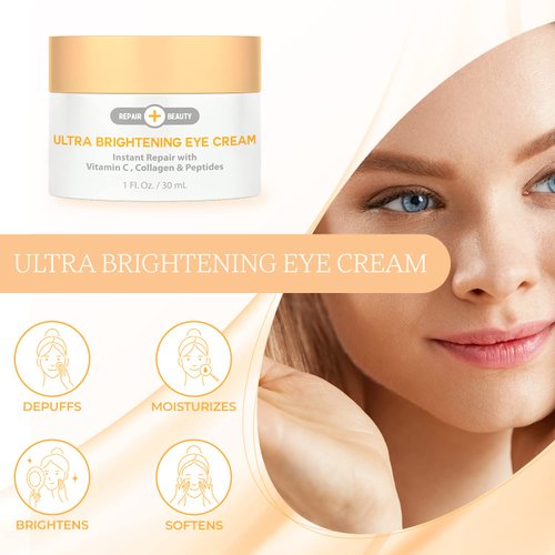 Repair Beauty Vitamin C, Collagen and Peptides Eye Cream - Reduces Dark Circles, Puffiness & Eye Bags, Brightening Under Eye Cream - Cruelty Free Korean Skin Care For All Skin Types - 1.0 Fl. oz/ 30ml