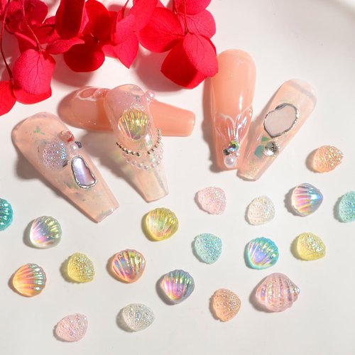 MEILINDS Resin Seashell Nail Charms Iridescent Mermaid 3D Shell Nail Charms Summer Ocean Theme Nail Charms Shine Shell Nail Art Designs DIY Manicure Decoration