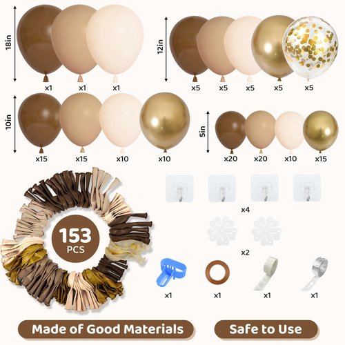 Amandir 153pcs Brown Balloon Garland Arch Kit, Different Sizes 18 12 10 5 inch Brown Nude Latex Metallic Confetti Gold Balloons for Neutral Bear Baby Shower Safari Birthday Party Decorations Supplies