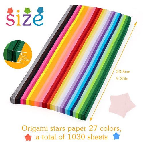 1030 Sheets Star Origami Paper 27 Assortment Color Star Paper Strip Double Sided Origami Stars Paper Solid Color Lucky Star Decoration Paper Strips DIY Hand Art Crafts