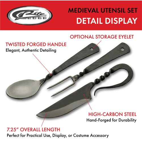 SZCO Supplies 7.25"" Fork Knife and Spoon Medieval Eating Utensil Set, Carbon Steel, Multicolor (HS-4406)