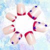 24Pcs 4th of July Press on Nails Short Square Fake Nails Independence Day Stick on Nails Red Glitter French Glue on Nails Glitter Star American Flag Design False Nails for Women DIY Acrylic Decoration