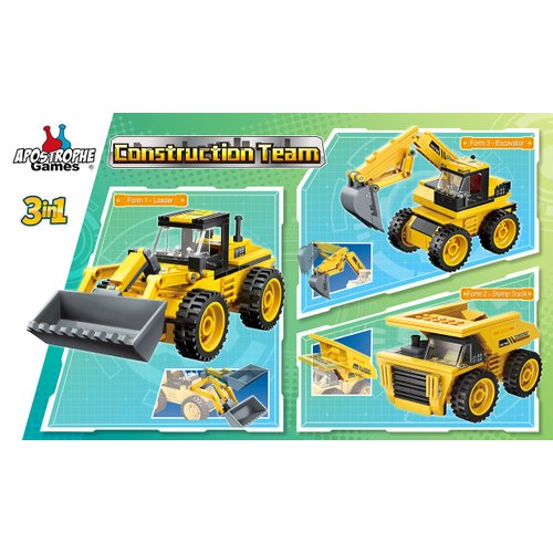 Apostrophe Games 3 in 1 Construction Team Building Block Set (203 Pieces) Build a Loader, Dump Truck or Excavator, for Kids and Adults