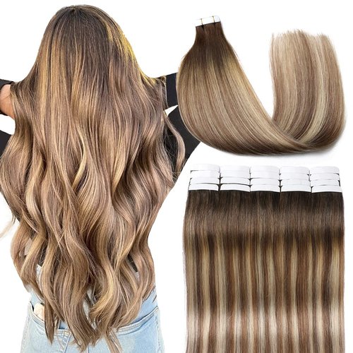 VINBAO Tape In Hair Extensions Human Hair Blonde Hair Extensions Tape In Dark Roots Color 3-8-22 Brown and Blonde Highlights Remy Hair Tape in Extensions 20 Pieces 50 Grams (16inch, #3/8/22)