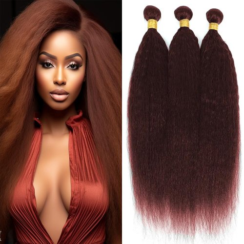 Copper Red Yaki Straight Bundles Human Hair Color 33 Bundles Reddish Borwn Kinky Straight Bundles Double Weft Remy Bundles Human Hair Bundles Silky and Soft for Black Women (22 24 26 inch,3 Bundles)