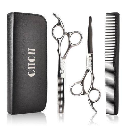 Hair Cutting Scissors Shears Set, CIICII Professional Hairdressing Scissors Kit (Hair Beard Trimming Shaping Grooming Thinning Shears) for Men Women Pets Home Salon Barber Cutting Kit (Silver)