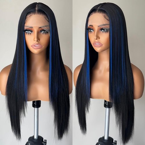FABÉLLE Blue Highlight Wig Synthetic Lace Front Wigs Glueless Wig Long Straight Wigs for Women Pre Plucked with Baby Hair 26 Inch Midnight Blue Color Forehead Synthetic Lace Front Wig