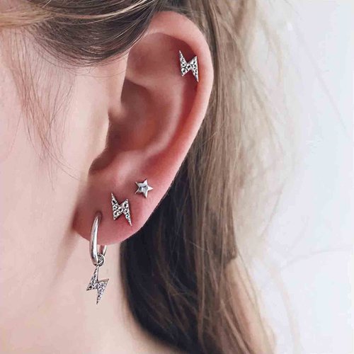 Allereyae Bohemia Crystal Thunder Hoop Earrings Cz Lighting Bolt Studs Earrings Silver Lighting Drop Earrings Multiple Piecing Dot Earrings for Women and Girls