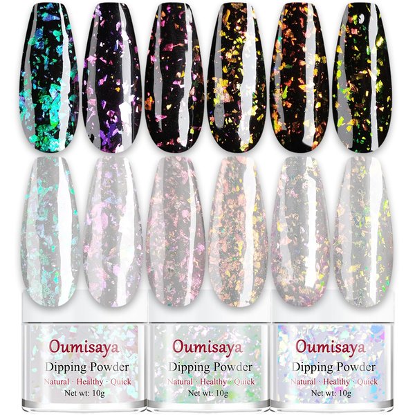 Sparkle Holographic Clear Chameleon Glitter Nail Dip Powder Nail Kit 6 Colors Set with opal foils, easy to use for starters, perfect Top Coat for black nail art SG061 ( Dip Liquid Set Not Included)