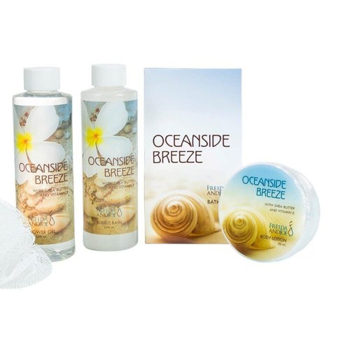 Home Spa Bath Basket - Fresh Aquatic Oceanside Breeze Spa Set For Women - Bath & Body Set For Women - Contains Shower Gel, Bubble Bath, Body Lotion, Bath Salt, Puff Displayed in Calming Blue Tub