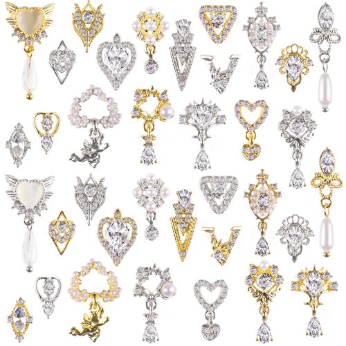 36 Pcs Luxury Nail Charms, TOROKOM 3D Dangle Nail Art Rhinestones Gold Silver Heart Pearl Crystal Gems Nail Diamond for Girl Women DIY Nail Design Craft Jewelry Making
