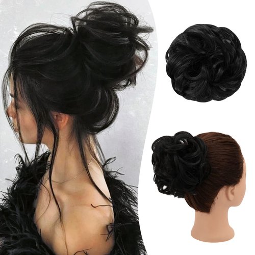 RSWETE Messy Bun Hair Piece, Instant Rose Bun Hair Scrunchie Hairpieces for Women, Wavy Curly Hair Pieces Chignon Ponytail Hair Extensions Updo Hairpiece Wiglet Bun (1# Jet Black)
