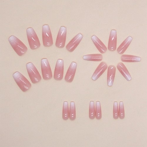 Gradient Pink Press on Nails Medium Long Square Fake Nails Nude Pink Full Cover Glue on Nails Glossy False Nails Reusable Glitter Artificial Acrylic Nails for Women Girls DIY Daily Wear 24Pcs