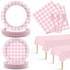 98 Pieces Pink Gingham Party Supplies for 24 Guests Pink and White Checkered Tableware Set Pink Plaid Plates Napkins Tablecloth Party Decorations for Birthday Barbecue Picnic Dinner Party Favors