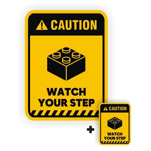 EppoBrand 2pcs Caution Watch Your Step Toy Brick Building Block Funny Vinyl Sticker Door Wall Safety Warning Sign 5" & 2" for your Brick Lego Playroom Wall Door Furniture