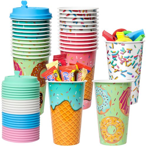 FZR Legend Ice Cream Party Favors Goodie Cups, 24 Pack Donut Birthday Party Cups in 4 Colors, 16OZ Reusable Dessert Party Supplies Decorations Cups with Lids Plugs