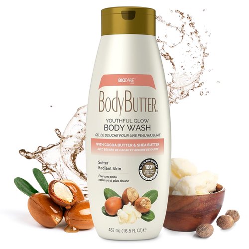 Biocare Youthful Glow Body Wash Infused with Cocoa & Shea Butter, Intensive Moisture, Nourished, Soft Body Wash - 16.5 oz