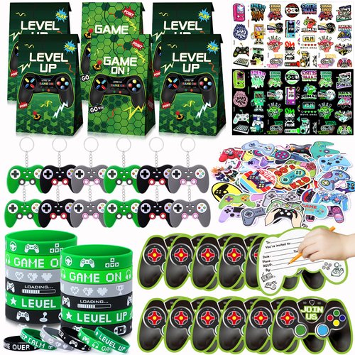 ESAG 110Pcs Video Game Party Favors Birthday Supplies for Boys, Bag Invitation Card Silicone Bracelet Keychain Luminous Tattoo Stickers Kids Gifts Game On Goodie Bag Stuffers Gaming Gamer Party Favors