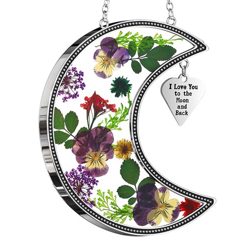KY&BOSAM Moon Suncatcher I Love You to The Moon and Back Glass Hangings for Window Wind Chimes Decor with Pressed Real Flower and Metal Charm Birthday Gifts for Women Mom Mother`s Day