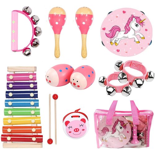 Kids Musical Instruments Sets, 12pcs Wooden Percussion Instruments Toys Tambourine Xylophone for Kids Playing Preschool Education, Early Learning Musical Toys for Boys Girls Gift (Pink)