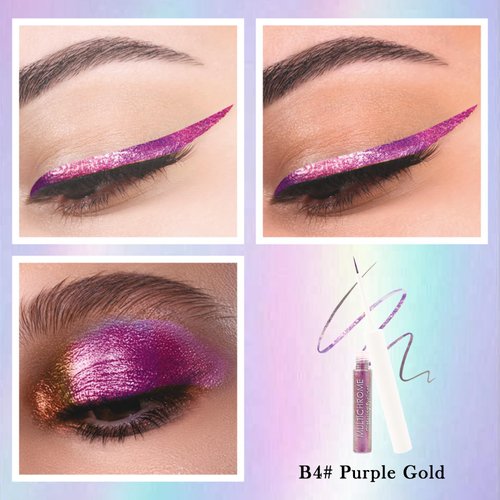 Multichrome Liquid Eyeliner, Metallic Glitter Colored Eye Liner, Waterproof Smudge-Proof Long Wear, Ultra-Fine Tip, High Pigmented Diamond Shimmer Eyeliner Eyeshadow Makeup for Women-B4# Purple Gold