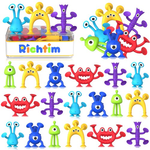Suction Toys Kids Bath Toys: 24 Pcs Kids Sensory Suction Toys No Hole Bath Toys, Great Suction Fidget Toys Windows Travel Airplane Suction Cup Toy for Boys Girls