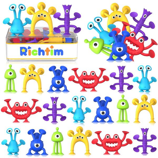 Suction Toys Kids Bath Toys: 24 Pcs Kids Sensory Suction Toys No Hole Bath Toys, Great Suction Fidget Toys Windows Travel Airplane Suction Cup Toy for Boys Girls