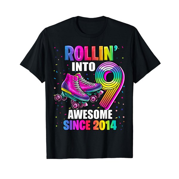 Rollin into 9 Awesome 2014 Roller Skating 9th Birthday Girls T-Shirt