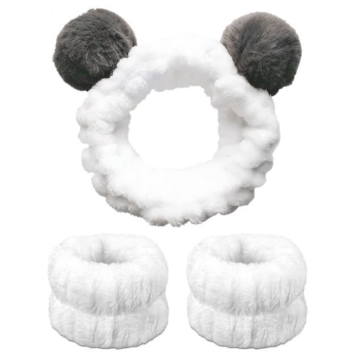 Huachi Face Wash Headband and Wristband Set, Soft Towels Washbands Elastic Panda Ears Spa Hairband for Women Girls