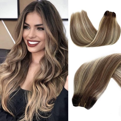 Weft Hair Extensions Human Hair, 18 inch 100g Ash Brown Highlighted Bleach Blonde Sew in Hair Extensions Real Human Hair Hand Tied Weft Hair Extensions Sew In Remy Hair Bundles Weave