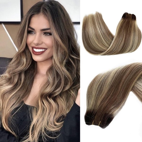 Weft Hair Extensions Human Hair, 18 inch 100g Ash Brown Highlighted Bleach Blonde Sew in Hair Extensions Real Human Hair Hand Tied Weft Hair Extensions Sew In Remy Hair Bundles Weave